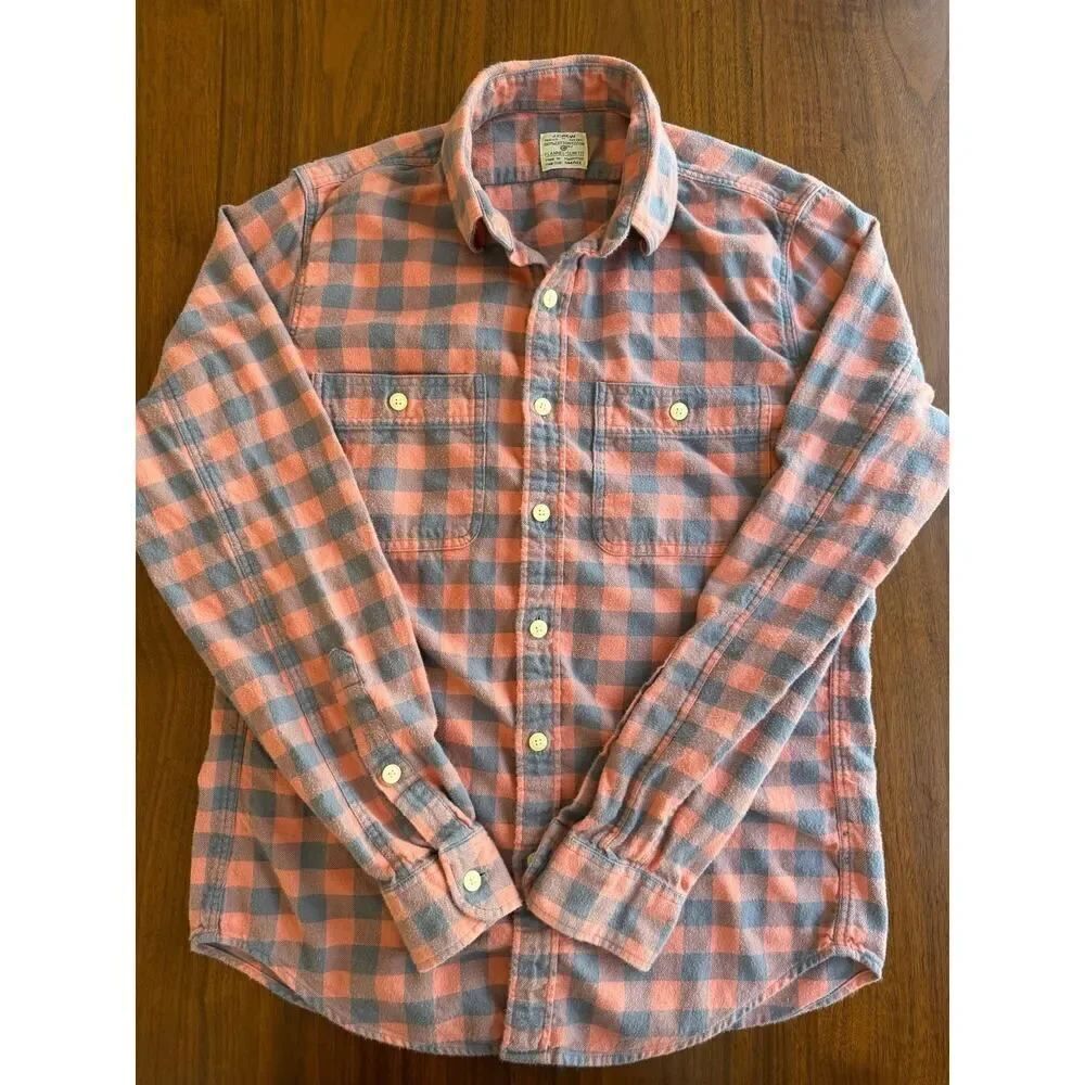 J.Crew Men's Slim-Fit Cotton Flannel Button-Up Shirt Salmon & Grey Check - Size